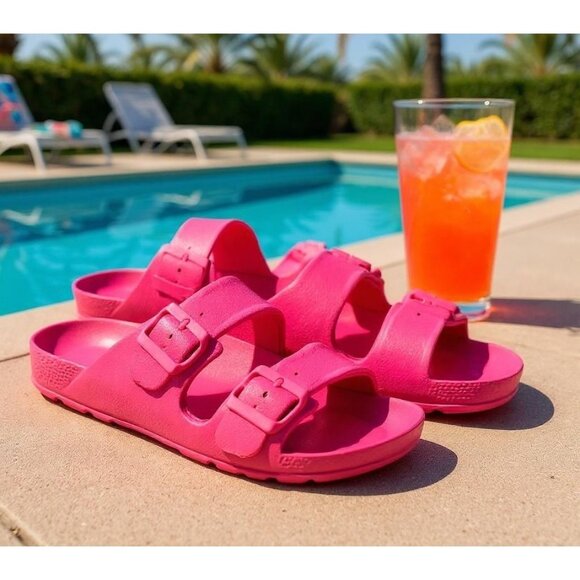 Blank Shoes - Bright Pink Double Strap Buckle Sandals Womens Size 8 Lightweight Slip-On Comfy
